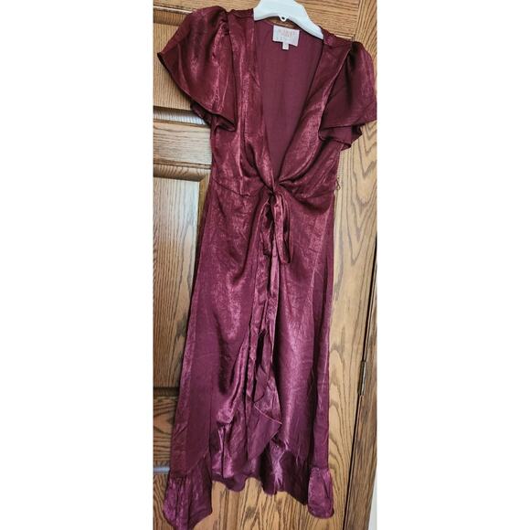 Audrey Parks Francesca’s Wrap Dress S Wrap Burgundy Ruffle Satin Flutter - Picture 1 of 7